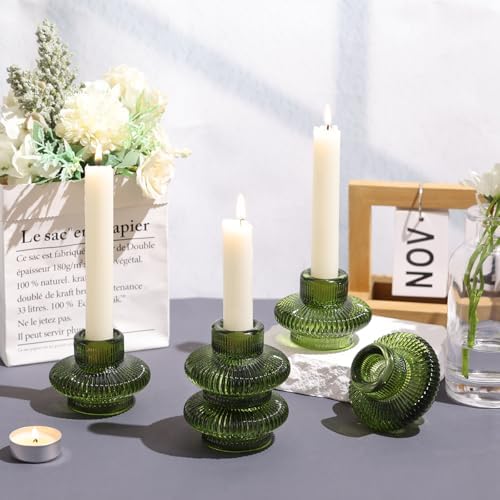 Green Taper Candle Holders Set of 8, Ribbed Glass Candlestick Holders - Image 6