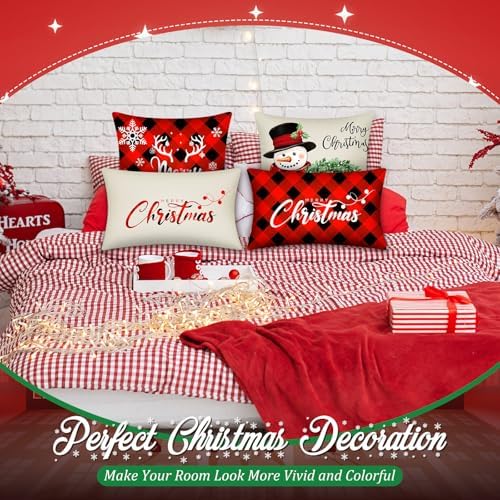 Newwiee 10 Piece Throw Pillows Covers Decorations Snowman Wreath Santa Claus Tree Red Buffalo Plaid Merry Christmas Pillow Covers for Couch Sofa(Plaid) - Image 6