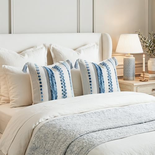 PANOD Chenille Farmhouse Throw Pillow Covers 18 x 18 Blue, Neutral Boucle Couch Pillow Cover, Striped Decorative Boho Coushion Cover Pillow Case for Couch Bed Sofa Bedroom,Modern Accent,Set of 2 - Image 6
