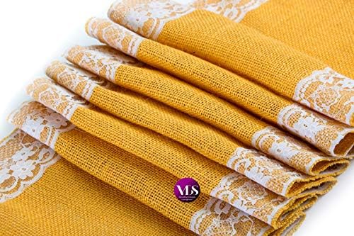 VDS Pack of 20, Burlap Table Runner with White Lace Edge, 100% Natural Jute Rustic Hessian Table Cloth Centerpiece for Wedding Birthday Party Banquet Table Decoration (Size 12X108 Inch)(Gold) - Image 2