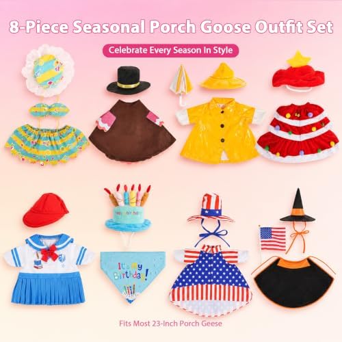 Timeet 8-Piece Seasonal Porch Goose Outfit Set for 23” Lawn Goose – Holiday Costumes for Valentine’s Day, Easter, 4th of July & Christmas – Decorative Clothes for Patio, Garden & Front Porch - Image 2