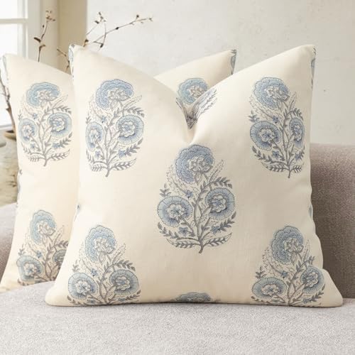 YCOLL Vintage Floral Print Pillow Covers 22x22 Set of 2 Patterned Accent Decorative Cushion Covers Modern Farmhouse Throw Pillow Covers for Sofa Couch Chair Bed Living Room Home Decor, Light Blue by PillowCoversExpert