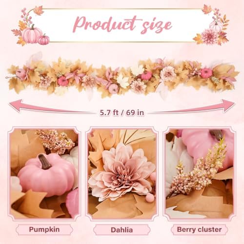 GAGEC 1Pcs 5.7FT Pink Fall Garland with Lights Pink Fall Decor Artificial Pumpkin Garland Without Battery Autumn Vine Decorations for Mantle Fireplace Porch Thanksgiving Decor - Image 3