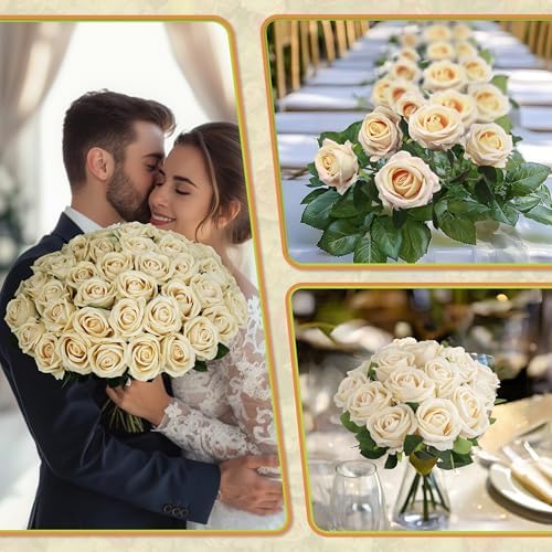 50 PCS Fake Champagne Roses, Artificial Flowers Bulk, Realistic Silk Roses - Image 3