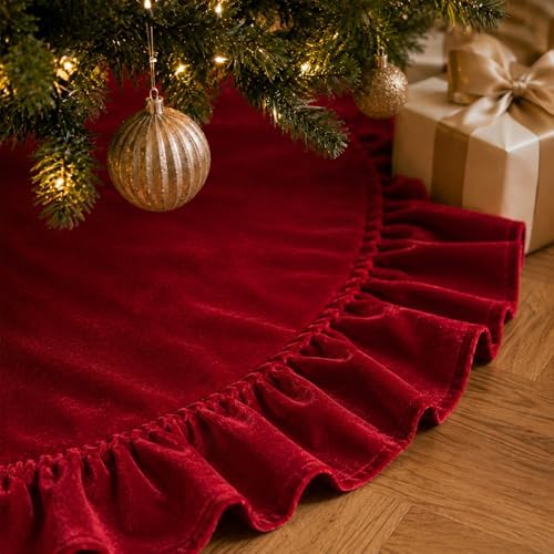 59-Inch Dark Red Ruffled Velvet Christmas Tree Skirt with Bow Ties, Extra Large Round Xmas Tree Base Cover for Christmas, New Year, Home and Party Decor, 150 cm - Image 2