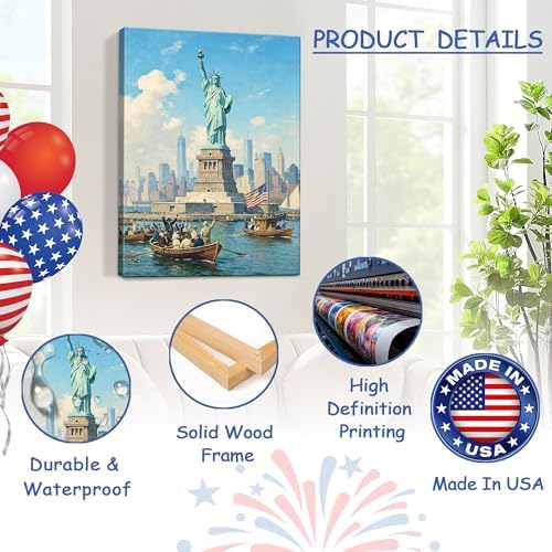 Patriotic Statue of Liberty Canvas Wall Art 4th of July New York Harbor Oil Painting USA Flag Vintage NYC Skyline Wall Decor Independence Day American Home Decor 16x24in - Image 4