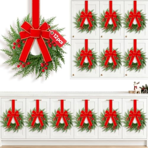 12 Pcs Mini Wreaths for Cabinets with Bow, Realistic Small Christmas Wreath by Yastouay