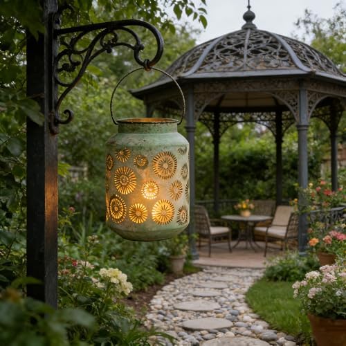 Rustic Metal Hanging Lantern, 8.66" H Vintage Distressed Green Firework Cutout Decorative Lantern for Indoor Outdoor Use, Tabletop Patio Wedding Centerpiece, Fits Pillar & LED Candles - Image 5