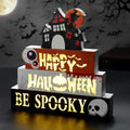 Halloween Decorations Indoor 9.4" 4-Tier Wooden Block Set with Glowing 3D Letters, Witch's House Topper, Battery Operated Spooky Halloween Décor Built-in Timer for Home, Mantel, Shelf, Table Decor by BlcTec