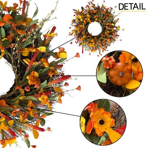 HipTree 24 Inch Fall Wreath for Front Door, Autumn Wreath with Mini Pumpkin - Image 2
