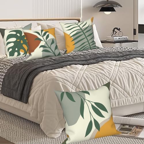 4 Pcs/Set Tropical Leaves Throw Pillow Covers Boho Summer Green Leaf Botanical Monstera Farmhouse Minimalist Linen Pillow Cases for Home Outdoor Sofa Couch Decorative, 22"x22" - Image 6