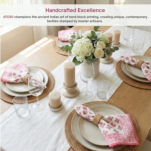 ATOSII Cotton Blockprint Cloth Napkins, Gulbahar Pink, Set of 4, 20" X 20" - Image 3