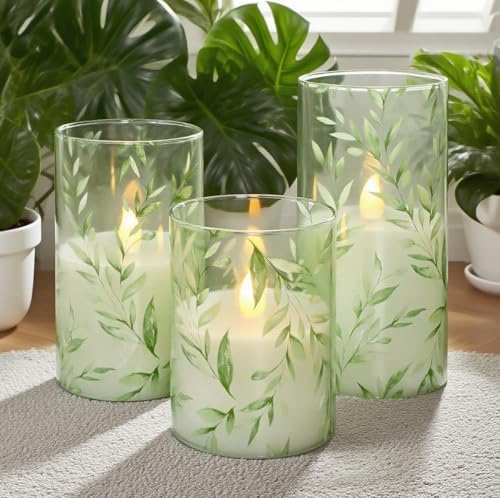 Green Flameless Candles with Remote Control - Willow Leaf Design Battery Operated Candles - Elegant Home Christmas Spring Summer Decor Set of 3 - Image 2