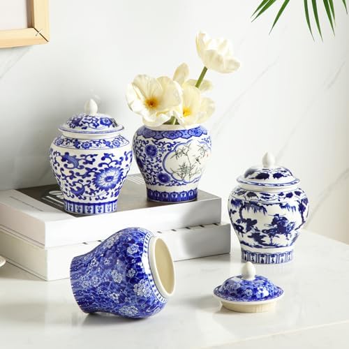 4 Pcs Small Blue and White Vases Chinoiserie Porcelain Vase, Retro by Hushee