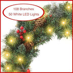 Casafield 24" Pre-Lit Fir Artificial Christmas Wreath Holiday Décor, 50 LED Lights, 108 PVC Tips Pinecones, Berries for Front Door, Window, or Mantel - Image 2