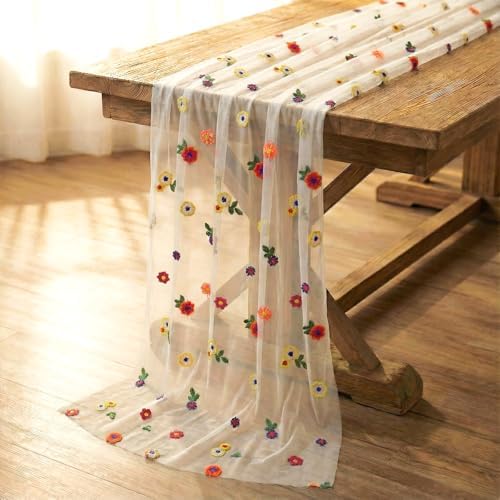 4 Pack Embroidery Floral Table Runner Rustic Spring Summer Wildflower Tulle Table Runner Vintage Flower Tabletop Runners Decoration for Home Wedding Party, 108 x 25 inch (Multicolor Flowers) - Image 7