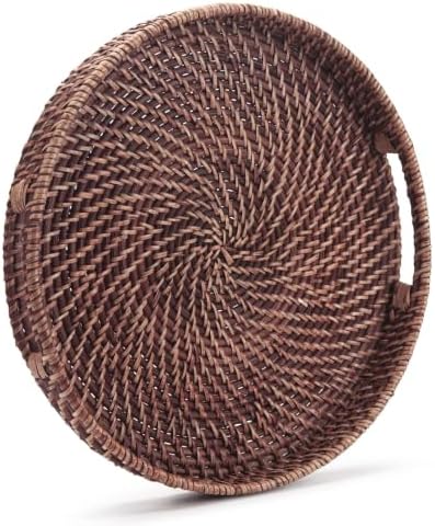 Round Rattan Woven Serving Tray with Handles Ottoman Tray for Breakfast, Drinks, Snacks for Coffee Table, Home Decorative (Honey Brown, 13.8"x2") - Image 3