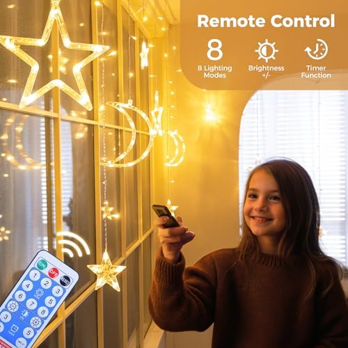 Ramadan Solar Icicle Lights,10.8ft 138 LED Outdoor Waterproof Moons Stars - Image 2