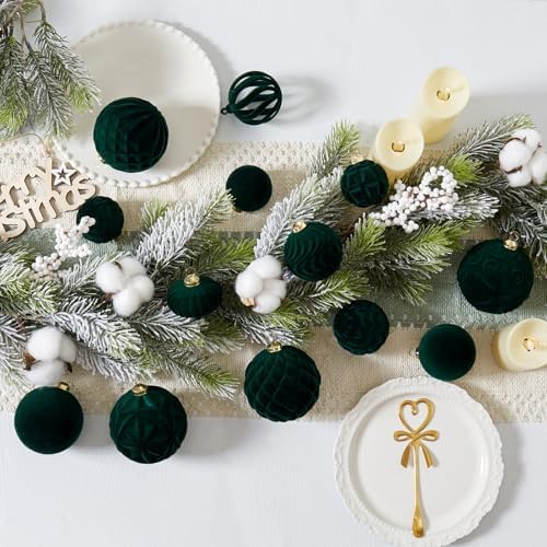 30pcs Velvet Christmas Ball Ornaments, Flocked Shatterproof Christmas Ornaments Hanging Xmas Tree Decorations Set for Home Party Holiday Decor (Multi-Size, Dark Green) - Image 3