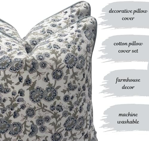 Floral Pillow Covers Blue Set of 2 Pillow Covers 20 x 20 inches Farmhouse Pillow Covers for Couch Bed Bedroom Living Throw Pillow Covers Boho Decorative Pillow Home Decor for Spring - Image 5