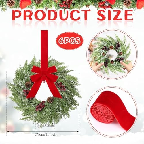 6 Pcs 15inchs Small Christmas Wreath for Kitchen Cabinets Mini Xmas Wreaths with Ribbon Christmas Decorations Candle Rings Red Berry Pine Cone Wreaths for Windows Farmhouse Xmas Decor - Image 5