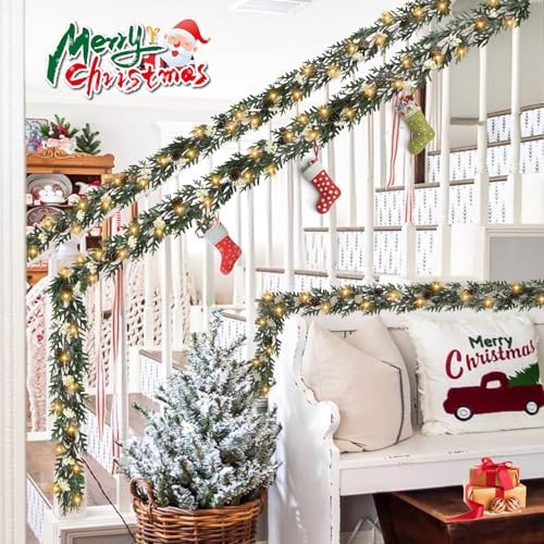 6FT Christmas Garland with Lights, Christmas Decorations Indoor Outdoor Pre-lit Artificial Pine Garland with Battery Operated Timer, Home Holiday Decor Flocked Garland for Mantel Window Stairs Wall - Image 4