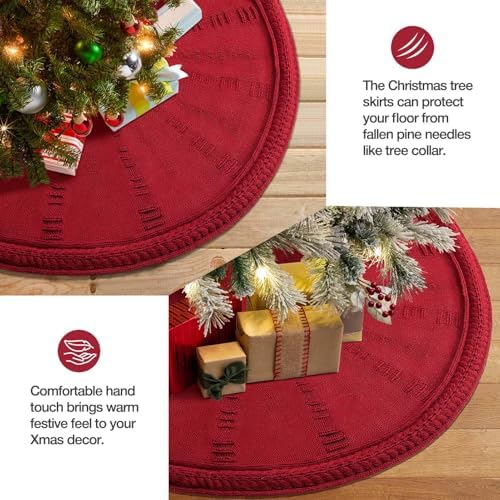 Christmas Tree Skirt 48 Inch Large - Knit Knitted Thick Rustic Tree Skirt Decor for Fall Thanksgiving Day Xmas Holiday Party Winter Farmhouse New Year Decoration Indoor Outdoor(Red) - Image 4
