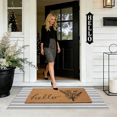 2 PCS Spring Welcome Door Mat Set, 17"x30" Coir Doormat with Non-Slip Backing & Black White Striped Mat, Farmhouse Spring Wildflower Doormat for Layering Front Porch, Patio, Entryway Spring Home Decor - Image 3