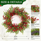 20" Christmas Door Wreaths for Front Door with Norfolk Pine Needle Red Berry for Window Porch Wall Indoors Outside Decoration - Image 3