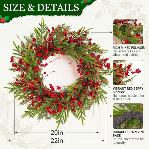 20" Christmas Door Wreaths for Front Door with Norfolk Pine Needle Red Berry for Window Porch Wall Indoors Outside Decoration - Image 3