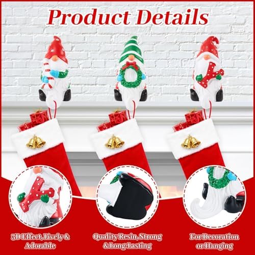 3PCS JOY Christmas Gnomes Stocking Holders for Mantel, 3D Resin JOY Christmas Stocking Hangers Hooks, Gnomes Figurines Decoration, Heavy Duty Gnome Hangers for Xmas Fireplace Holiday Decoration - Image 3