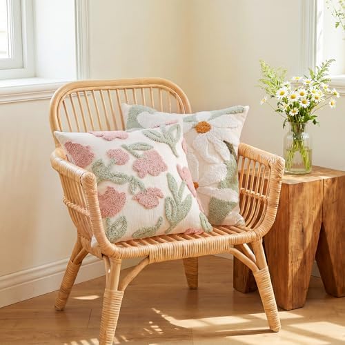 Summer Daisy Throw Pillow Covers 18x18 Inch Set of 2, Chenille Embroidered Pillowcase with 3D Tufted White Flowers Sage Green Leaves, Boho Decorative Cushion Covers for Couch Sofa Bed - Image 5