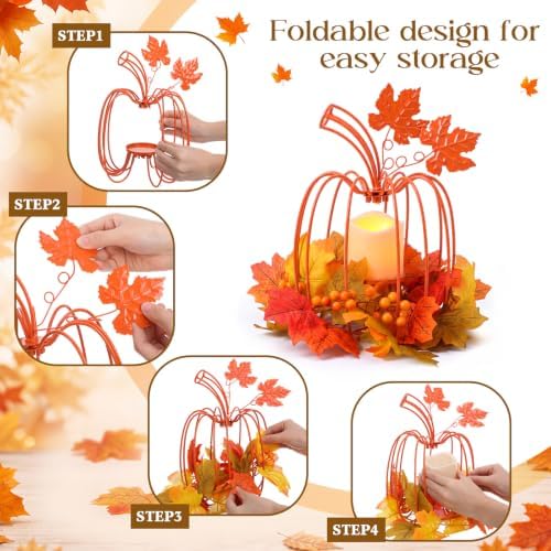 2 Pcs Fall Metal Pumpkin Candle Holder Decor with LED, 11.5 in, Orange - Image 4