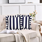 vctops Ruffle Square Throw Pillow Covers Boho Navy and White Striped Decorative Pillowcases Set of 2, Soft Velvet Accent Cushion Cover Cases for Sofa Bed Living Room Decor (Navy,18"x18") - Image 2