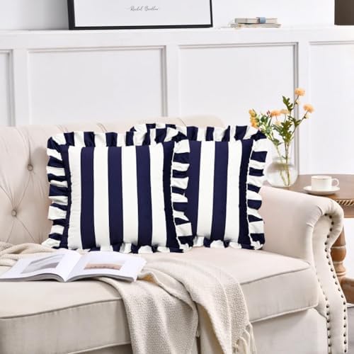 vctops Ruffle Square Throw Pillow Covers Boho Navy and White Striped Decorative Pillowcases Set of 2, Soft Velvet Accent Cushion Cover Cases for Sofa Bed Living Room Decor (Navy,18"x18") - Image 2