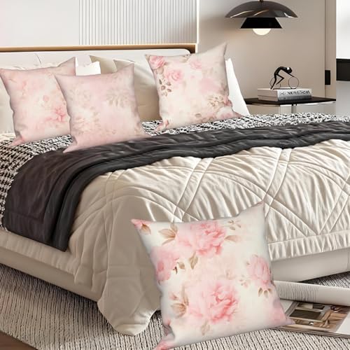 Pink Flower Throw Pillow Covers 26''x26'' Set of 4, Decorative Floral Cushion Covers Vintage Printed Botanical Pillowcases for Couch Sofa Bedroom Farmhouse Livingroom Garden Patio Car - Image 3