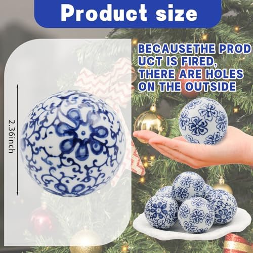6 Pc Decorative Blue Balls Chinoiserie Ball Ceramic Orbs for Centerpiece Bowls Tray Bowl Basket Gifts for Vases Dining Table Christmas Halloween Wedding Party Decoration(B) - Image 2