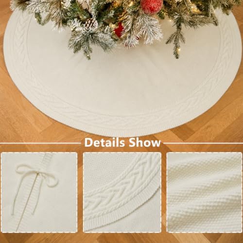 36 Inch White Knitted Christmas Tree Skirt Small Thick Cable Knit Round Cream for 4ft 5ft Tree Rustic Farmhouse Neutral Christmas Decor Tree Base Cover Xmas Home Decor (White-03) - Image 2