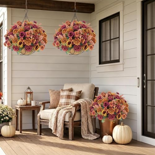 GTIDEA Fall Hanging Baskets 16 Pcs Artficial Fall Flowers for Outdoors - Image 7