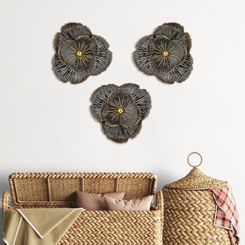 DILATATA 3 Pcs Metal Flower Wall Art Set 10 Inch Rustic Modern Floral Sculpture 3D Metal Flower Wall Hanging Accent for Indoor Living Room Bedroom Kitchen Bathroom Garden Patio Decor - Black - Image 5
