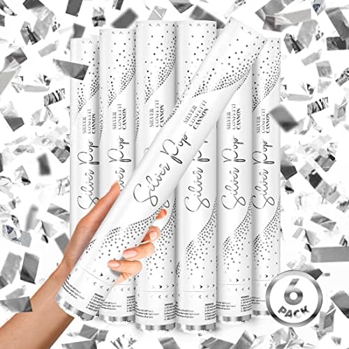 JAPJA Streamer Confetti Cannons (Silver Paper Confetti) 16in, 6-Pack by JAPJA