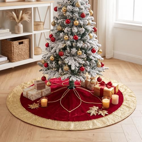 Valery Madelyn 72 Inch Red Gold Christmas Tree Skirt for Tree Decorations - Image 3