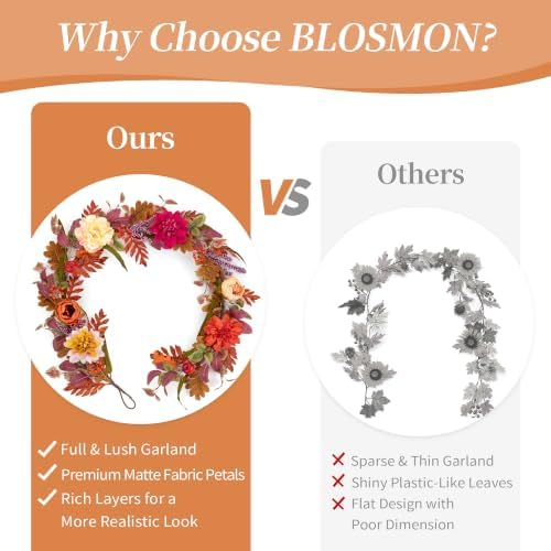 BLOSMON Fall Garland for Mantle with Flower, 6ft, Fall Decorations for Home - Image 4