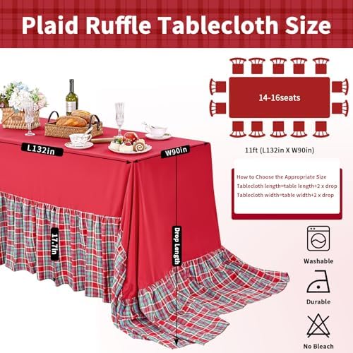 Fanqisi Red Ruffle Table Cloth Gingham Tablecloth - 90 x 132 Inch Polyester Tablecloths Rectangle Washable Farmhouse Table Cover for Birthday Wedding Picnic Dessert Holiday Party Decoration - Image 2