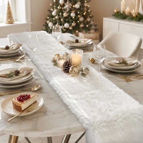 White Faux Fur Table Runner Christmas Wedding Decor 11.8x59.0 Inch - Image 2
