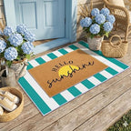 2 Pcs Layered Front Porch Decor, Hello Sunshine Welcome DoorMats Summer Coastal Entryway Rug Set, Light Blue White Striped Crystal Velvet Base and PVC Coil Door Mat, 15.7x23.6 & 23.6x31.5 - Image 3