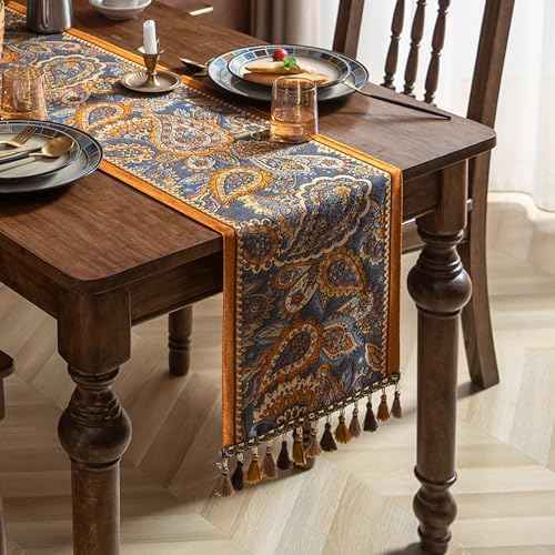 Spring Floral Table Runner 71in Long - Nordic Cashew Embroidery Jacquard with Tassels, Elegant Easter & Mother's Day Decor for Farmhouse Dining Table, Wedding & Dresser (Cashew Nuts, 13.7"x71") - Image 2
