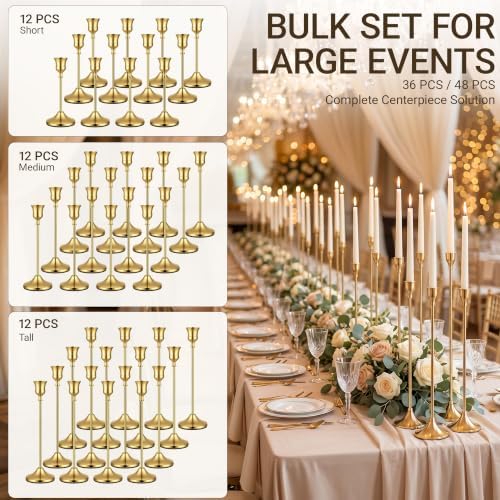 36 Pack Gold Taper Candle Holders, Bulk Metal Candlestick Holders in 3 Heights for Wedding Table Centerpieces, Receptions, Parties, Dining Tables and Home Decor - Image 5