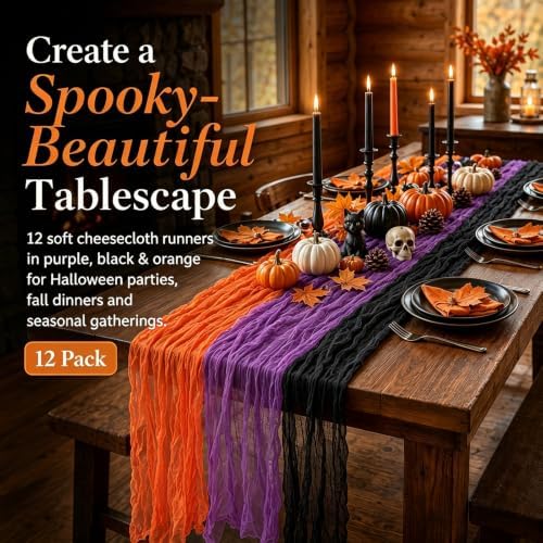 12 Pack Halloween Cheesecloth Gauze Table Runner Black & Orange Table Runners for Party Rustic Wedding Thanksgiving Bridal Shower Decor - Image 2
