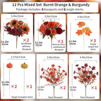 Mixed 12 Pcs Fall Artificial Flowers, Sunflower Peony Bouquet with Maple Leaves Pumpkins, Autumn Faux Floral Arrangements for Table,Thanksgiving, Halloween, Porch Planters, Garden Patio Outdoors Decor - Image 2